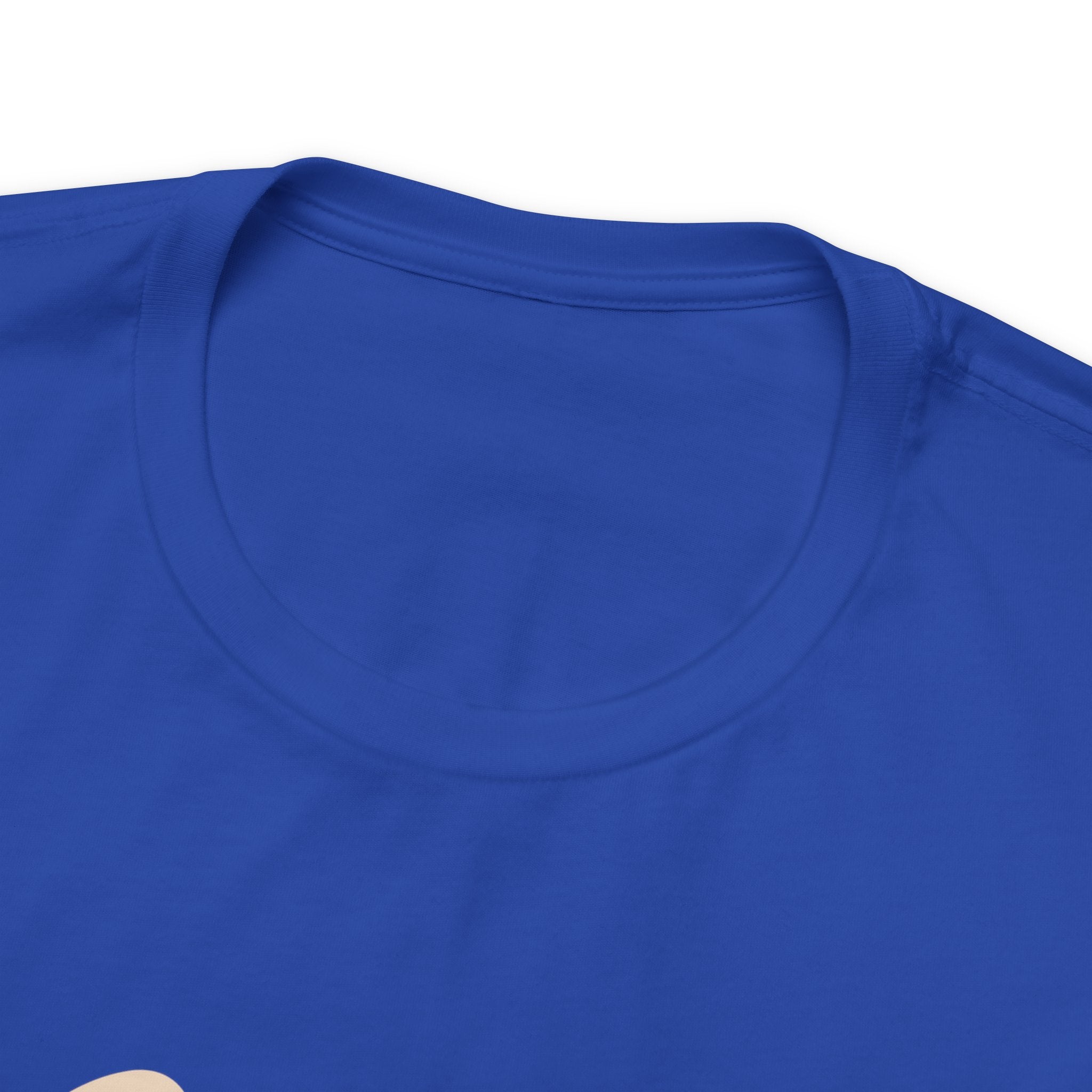 Detail view showing the neckline and shoulder area of a royal blue short-sleeve T-shirt on a white background, focusing on fabric texture and stitching.