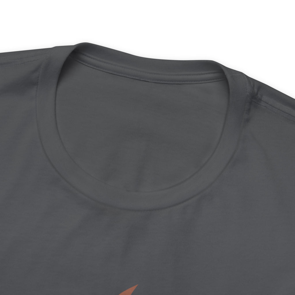 Close-up detail of an asphalt crew neck T-shirt showing the neckline, collar stitching, and upper chest area, with a small portion of the front graphic visible at the bottom edge against a plain white background.