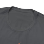 Close-up detail of an asphalt crew neck T-shirt showing the neckline, collar stitching, and upper chest area, with a small portion of the front graphic visible at the bottom edge against a plain white background.