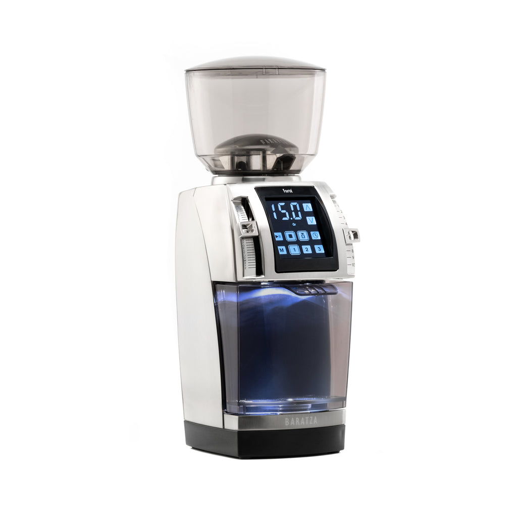 Baratza Forte AP coffee grinder in brushed stainless steel shown at a three-quarter right angle with a clear grounds bin inserted, touchscreen display illuminated, and large bean hopper on top against a white background.