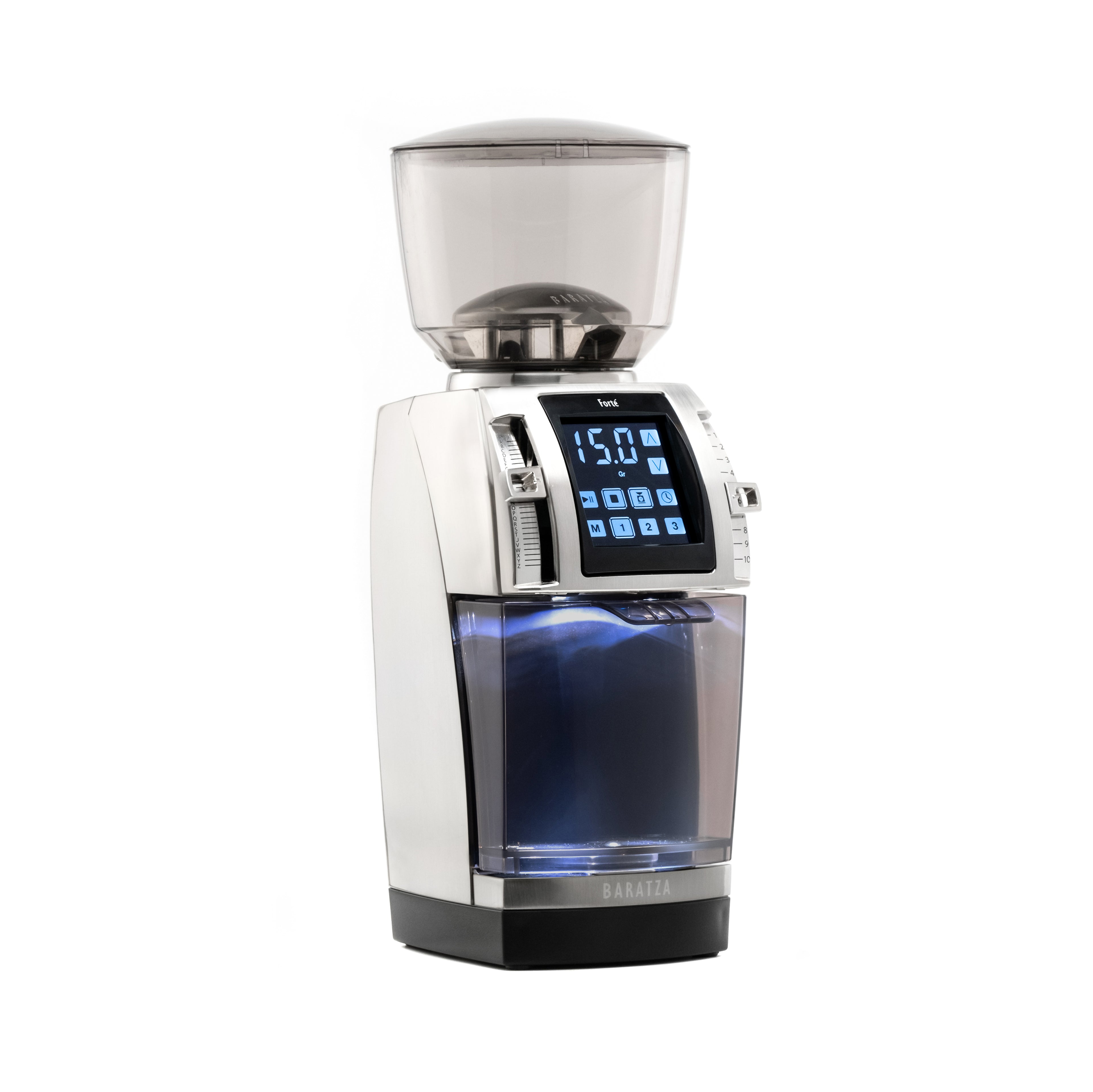 Baratza Forte AP coffee grinder in brushed stainless steel shown at a three-quarter right angle with a clear grounds bin inserted, touchscreen display illuminated, and large bean hopper on top against a white background.