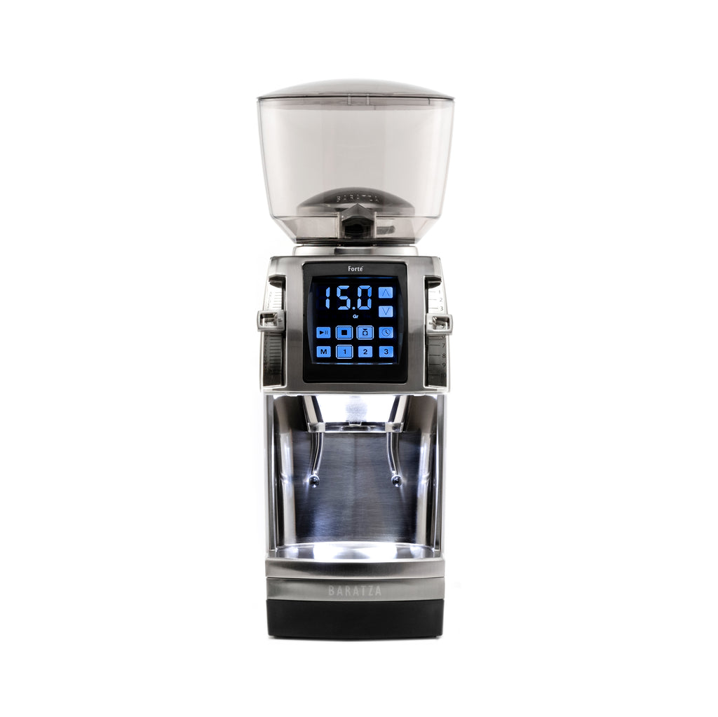 Front view of the Baratza Forte AP coffee grinder in brushed stainless steel with a clear bean hopper and illuminated touchscreen display, featuring dual portafilter holders and a compact base against a white background.