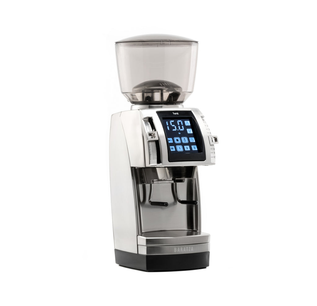 Front three-quarter view of a Baratza Forte AP coffee grinder in stainless steel and black with a clear bean hopper on top and dual portaholders below the digital touchscreen display, shown against a white background.