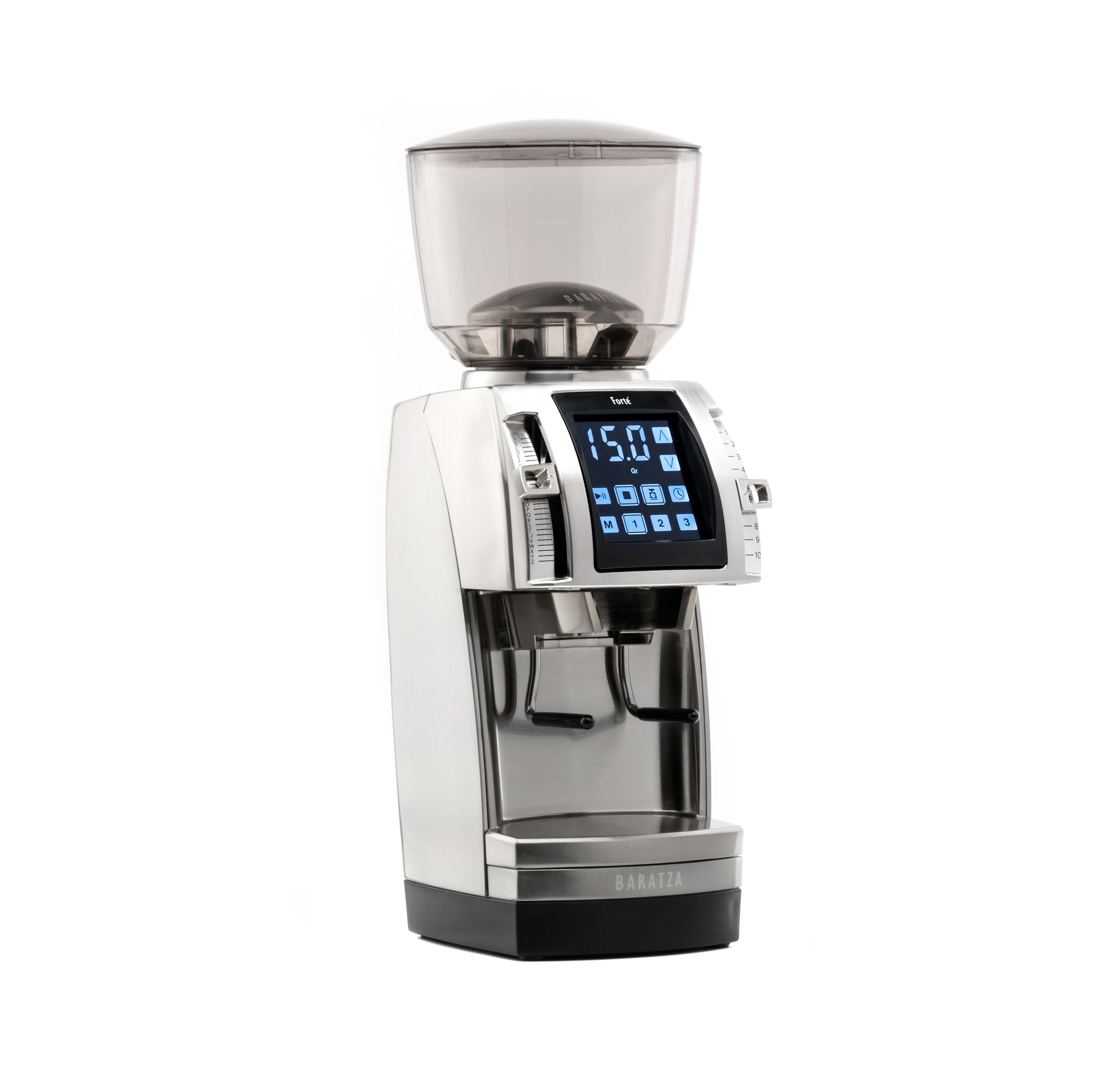 Front three-quarter view of a Baratza Forte AP coffee grinder in stainless steel and black with a clear bean hopper on top and dual portaholders below the digital touchscreen display, shown against a white background.