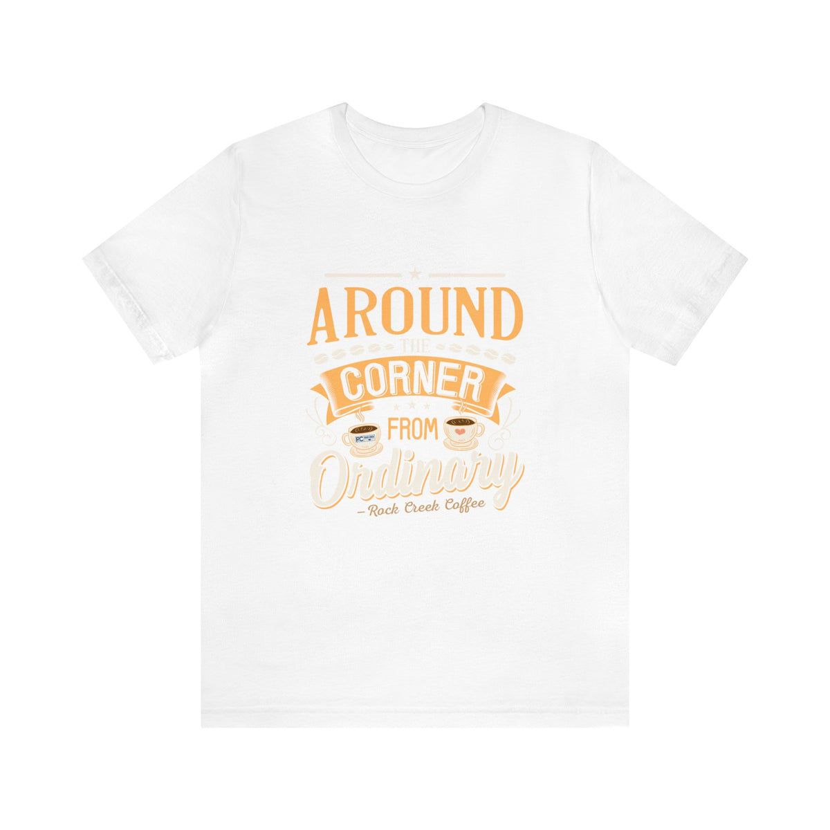 White Rock Creek Coffee T-shirt featuring the “Around the Corner From Ordinary” graphic on the front