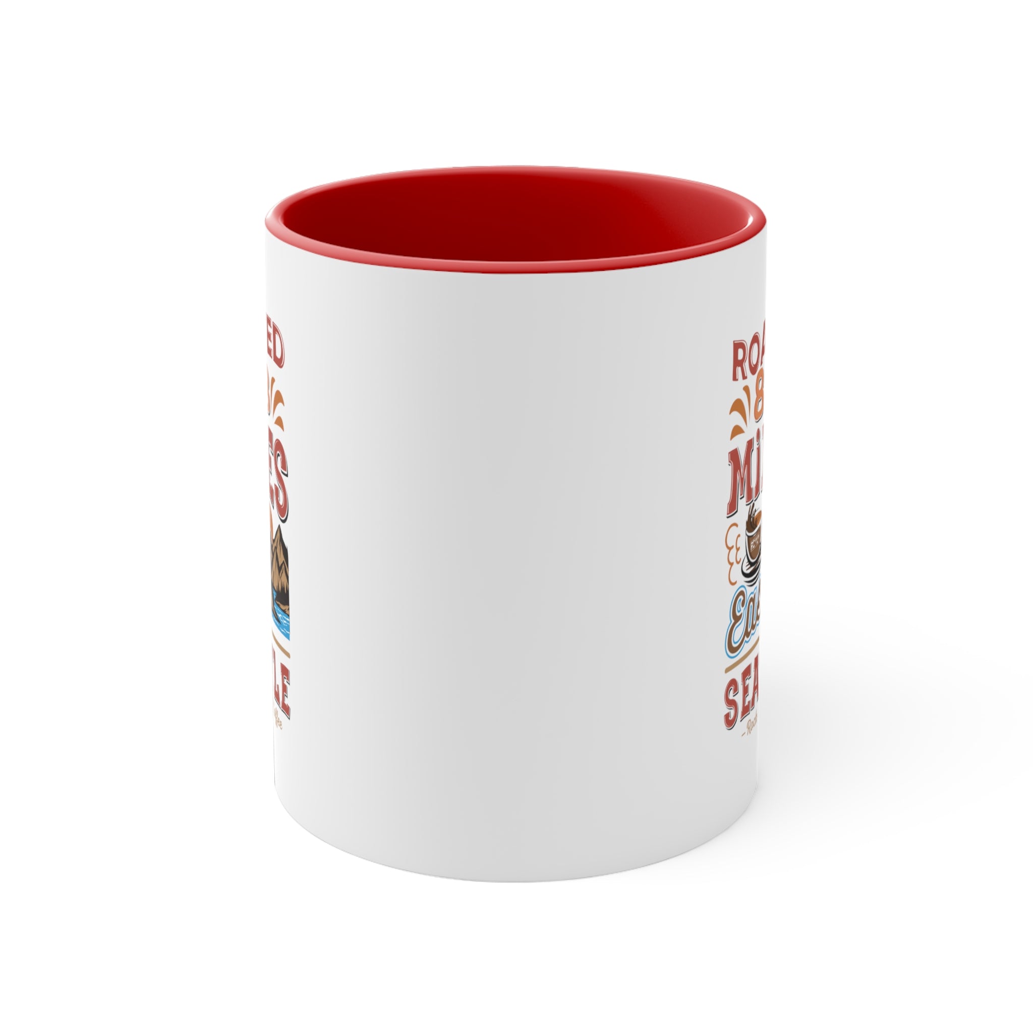 Back view of a white ceramic coffee mug with a red interior, showing partial edges of the Roasted 818 Miles East of Seattle Rock Creek Coffee design on both sides.