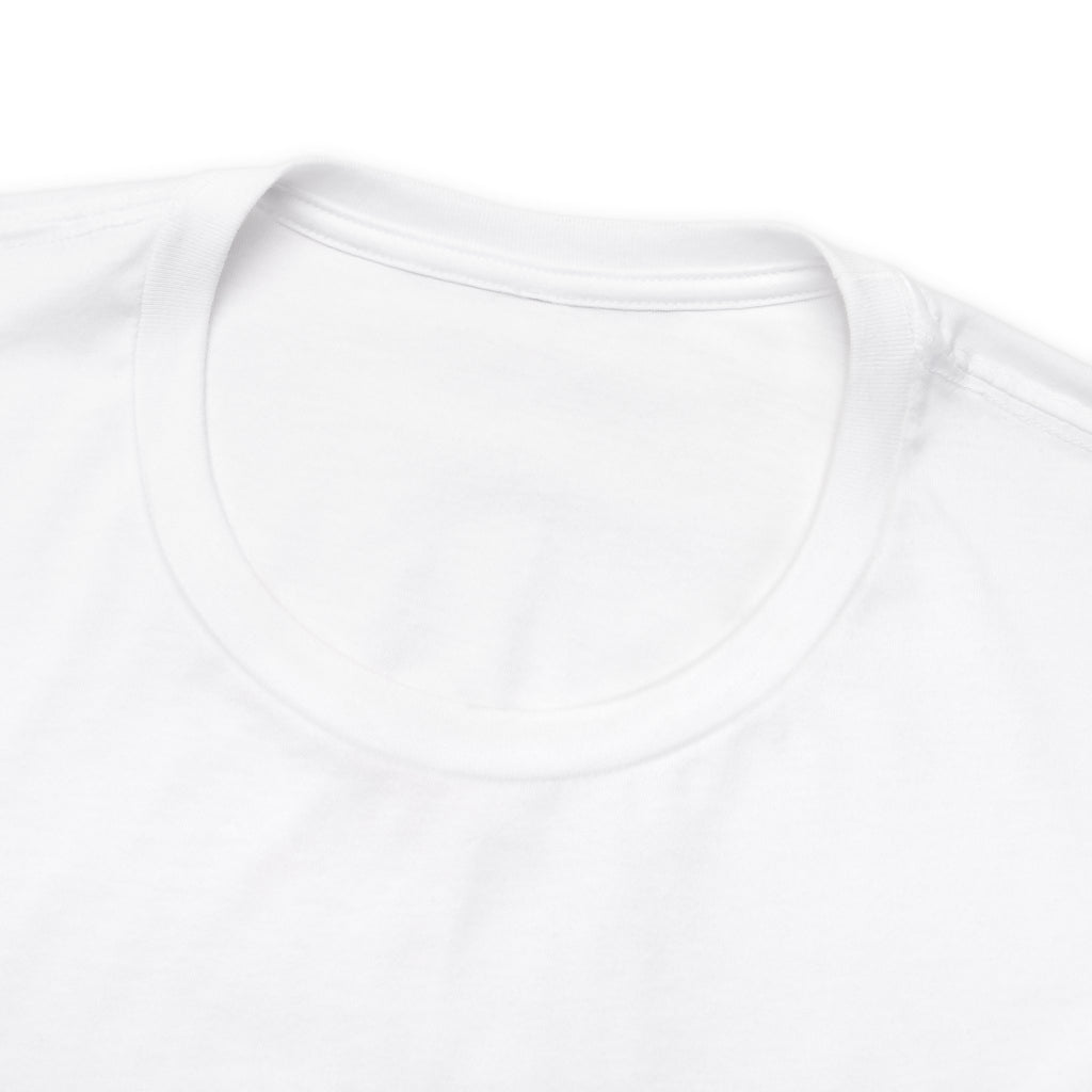 Close-up detail of a white crew neck T-shirt showing the neckline and upper chest area, with the front graphic cropped out of view, displayed against a plain white background.