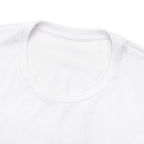 Close-up detail of a white crew neck T-shirt showing the neckline and upper chest area, with the front graphic cropped out of view, displayed against a plain white background.