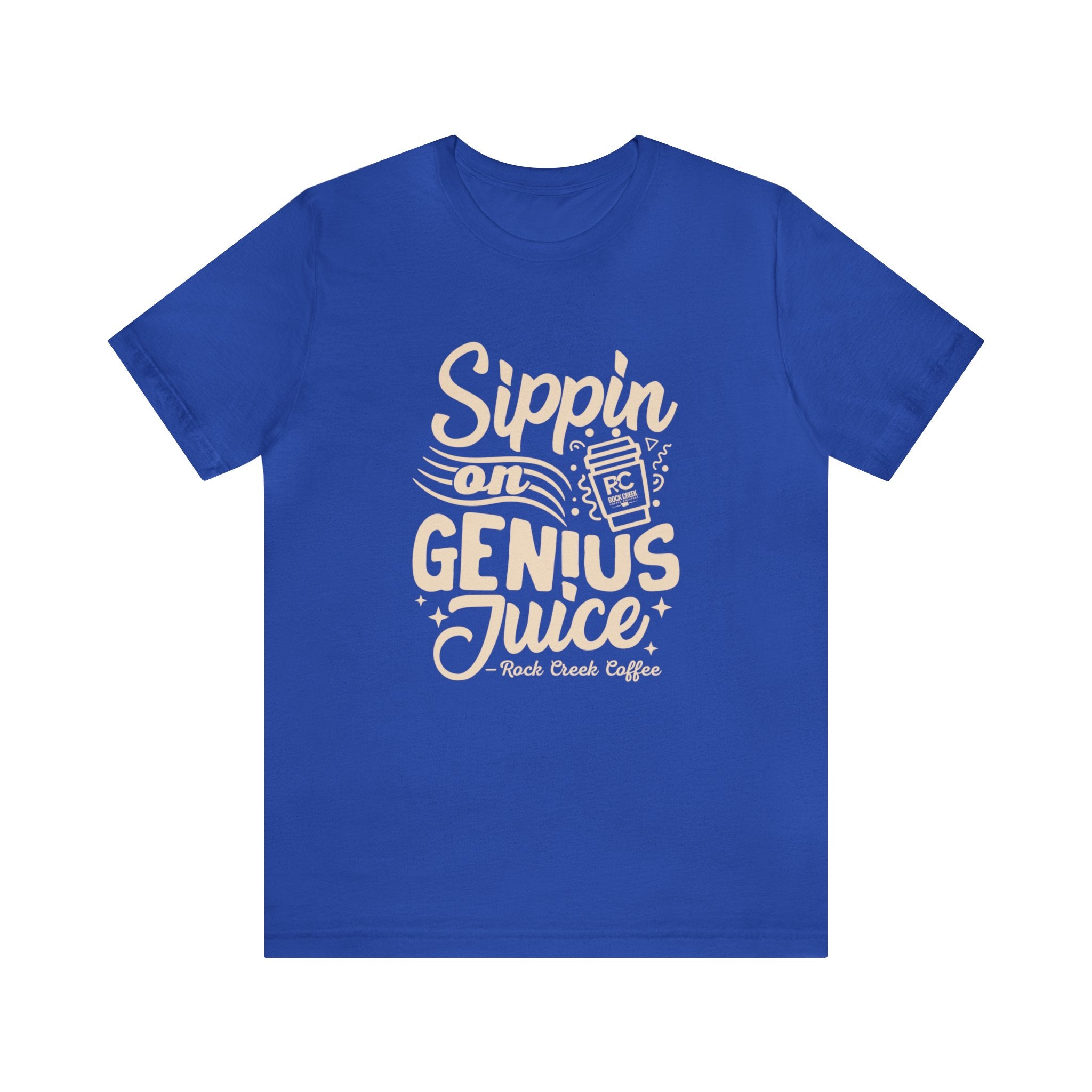 Royal blue short-sleeve T-shirt displayed flat on a white background featuring a bold coffee-themed graphic that reads “Sippin on Genius Juice” with a stylized coffee cup illustration.