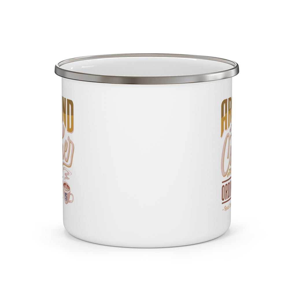 Back view of a white enamel style coffee mug with silver rim and handle, showing partial side graphics of the Around the Corner from Ordinary Rock Creek Coffee design visible along the edges.