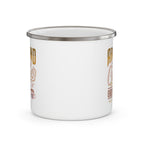 Back view of a white enamel style coffee mug with silver rim and handle, showing partial side graphics of the Around the Corner from Ordinary Rock Creek Coffee design visible along the edges.