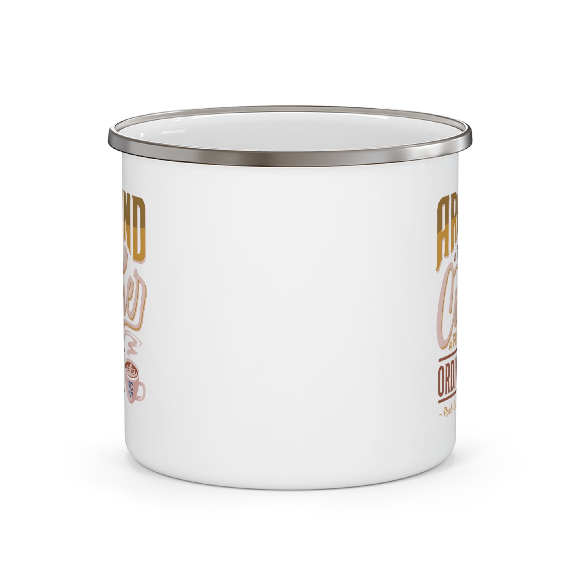 Back view of a white enamel style coffee mug with silver rim and handle, showing partial side graphics of the Around the Corner from Ordinary Rock Creek Coffee design visible along the edges.