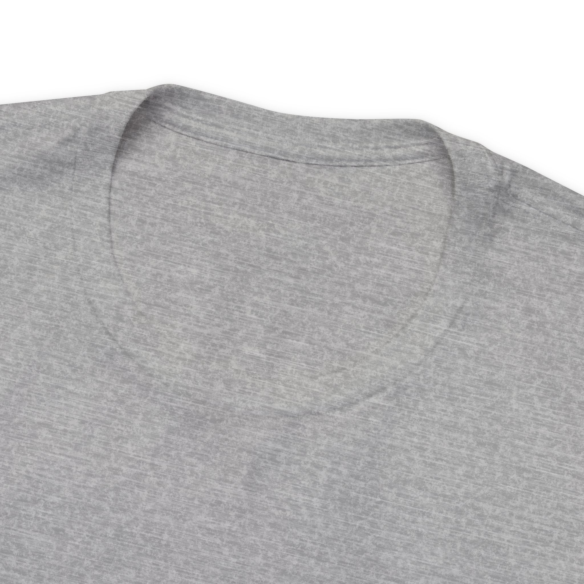 Close-up image of a heather gray crew neck T-shirt showing the collar and upper shoulder area, with the front graphic cropped out of view, displayed against a plain white background.