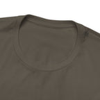 Close-up detail of an army green crew neck T-shirt showing the neckline, collar stitching, and upper chest area against a plain white background.