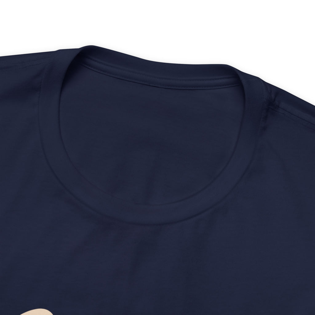 Detail view showing the crew neckline and shoulder area of a navy blue short-sleeve T-shirt on a white background, highlighting the smooth fabric and round neck stitching.