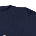 Detail view showing the crew neckline and shoulder area of a navy blue short-sleeve T-shirt on a white background, highlighting the smooth fabric and round neck stitching.