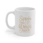 White ceramic Rock Creek Coffee mug with “Sippin on Genius Juice” printed in beige script and bold lettering, featuring a small RC coffee cup graphic, shown on a clean white background.