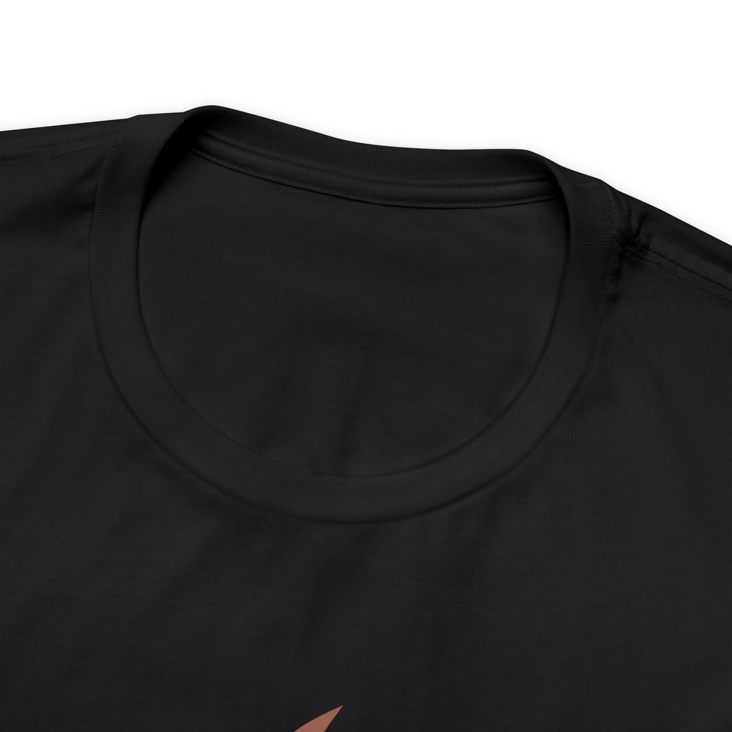 Close-up detail of a black crew neck T-shirt showing the neckline, collar stitching, and upper chest area, with a small portion of the front graphic visible at the bottom edge against a plain white background.