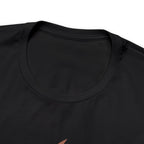 Close-up detail of a black crew neck T-shirt showing the neckline, collar stitching, and upper chest area, with a small portion of the front graphic visible at the bottom edge against a plain white background.