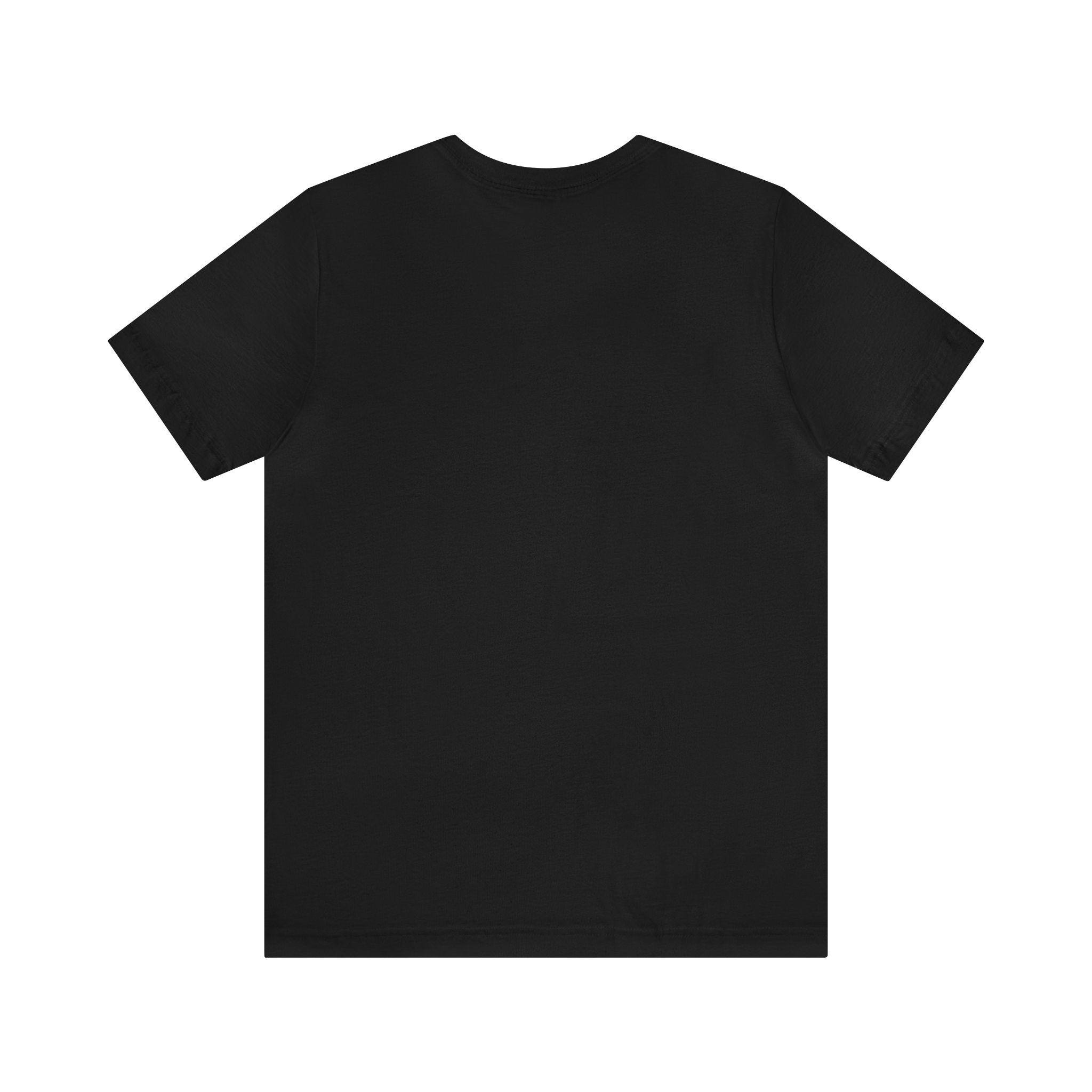 Back view of a black short-sleeve T-shirt with a plain unprinted design, displayed flat against a white background.