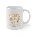 White ceramic Rock Creek Coffee mug with “Around the Corner from Ordinary” design in warm gold and cream lettering, featuring small coffee cup illustrations, shown on a clean white background.