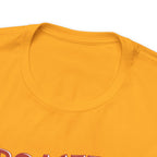 Close-up view of a golden yellow crew neck T-shirt showing the upper portion of the “Roasted 818 Miles East of Seattle” graphic, displayed against a plain white background.