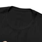 Detail view showing the crew neckline and shoulder area of a black short-sleeve T-shirt on a white background, focusing on fabric texture, collar stitching, and smooth knit.