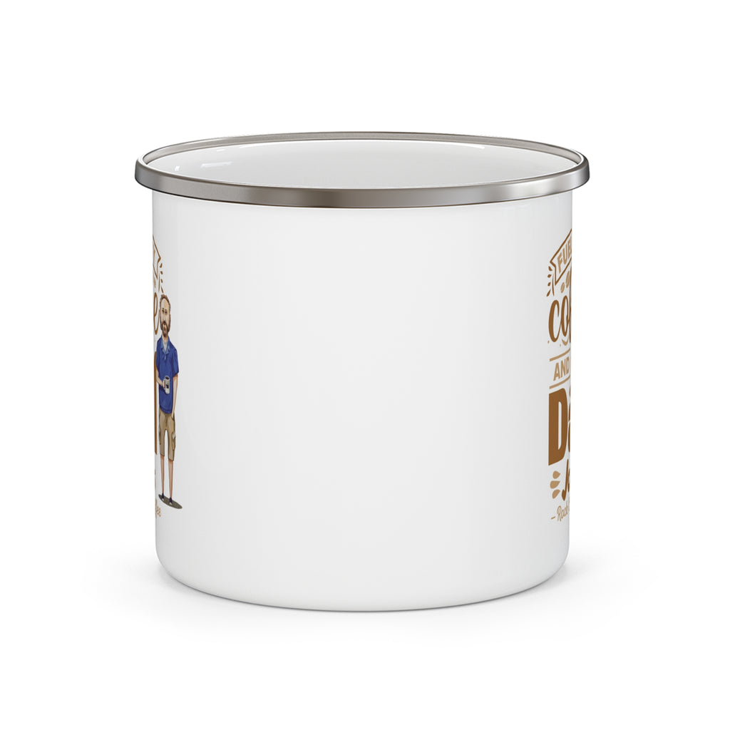 Back view of a white enamel-style coffee mug with silver rim and handle, showing partial side graphics of the “Fueled by Coffee and Dad Jokes - Rock Creek Coffee” design with a small illustrated dad holding a mug visible along the edge.