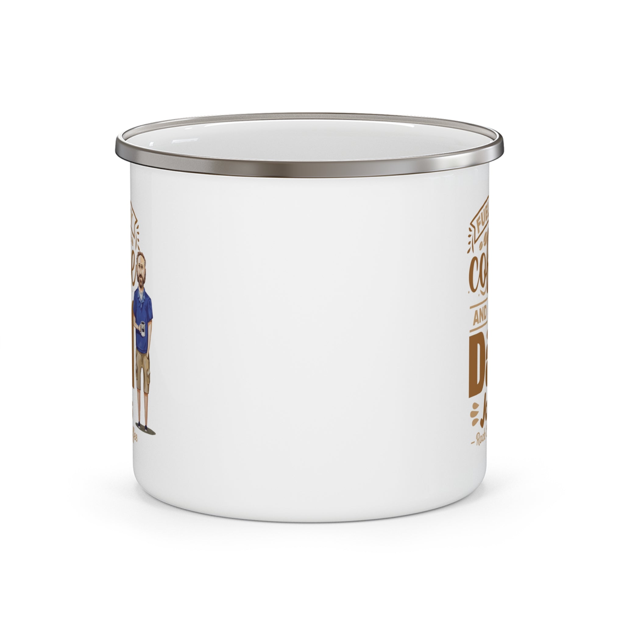 Back view of a white enamel-style coffee mug with silver rim and handle, showing partial side graphics of the “Fueled by Coffee and Dad Jokes - Rock Creek Coffee” design with a small illustrated dad holding a mug visible along the edge.