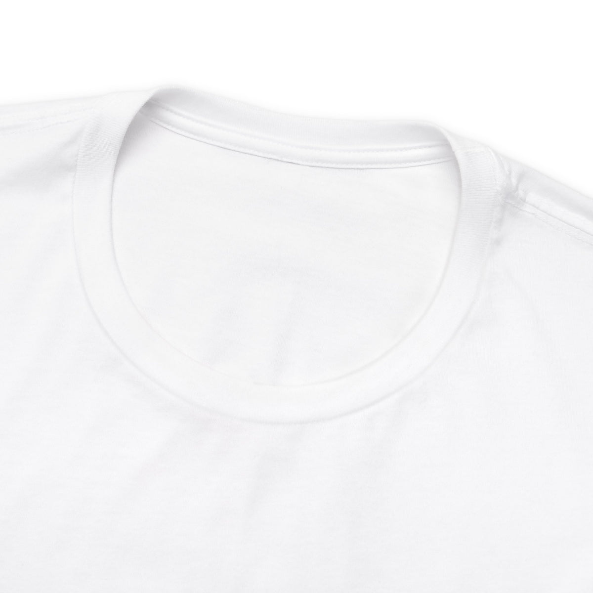 Close-up of a white Rock Creek Coffee T-shirt showing the back neckline and collar detail
