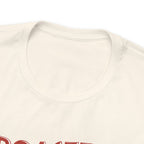 Detailed product close-up of a cream Seattle coffee graphic T-shirt showing the upper portion of the “Roasted 818 Miles East of Seattle” design.