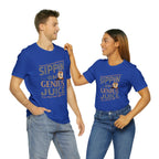 Adult man and woman modeling matching royal blue short-sleeve T-shirts featuring the “Sippin on Genius Juice” graphic in bold coffee-inspired lettering with a small mug illustration, posed together against a plain white background.