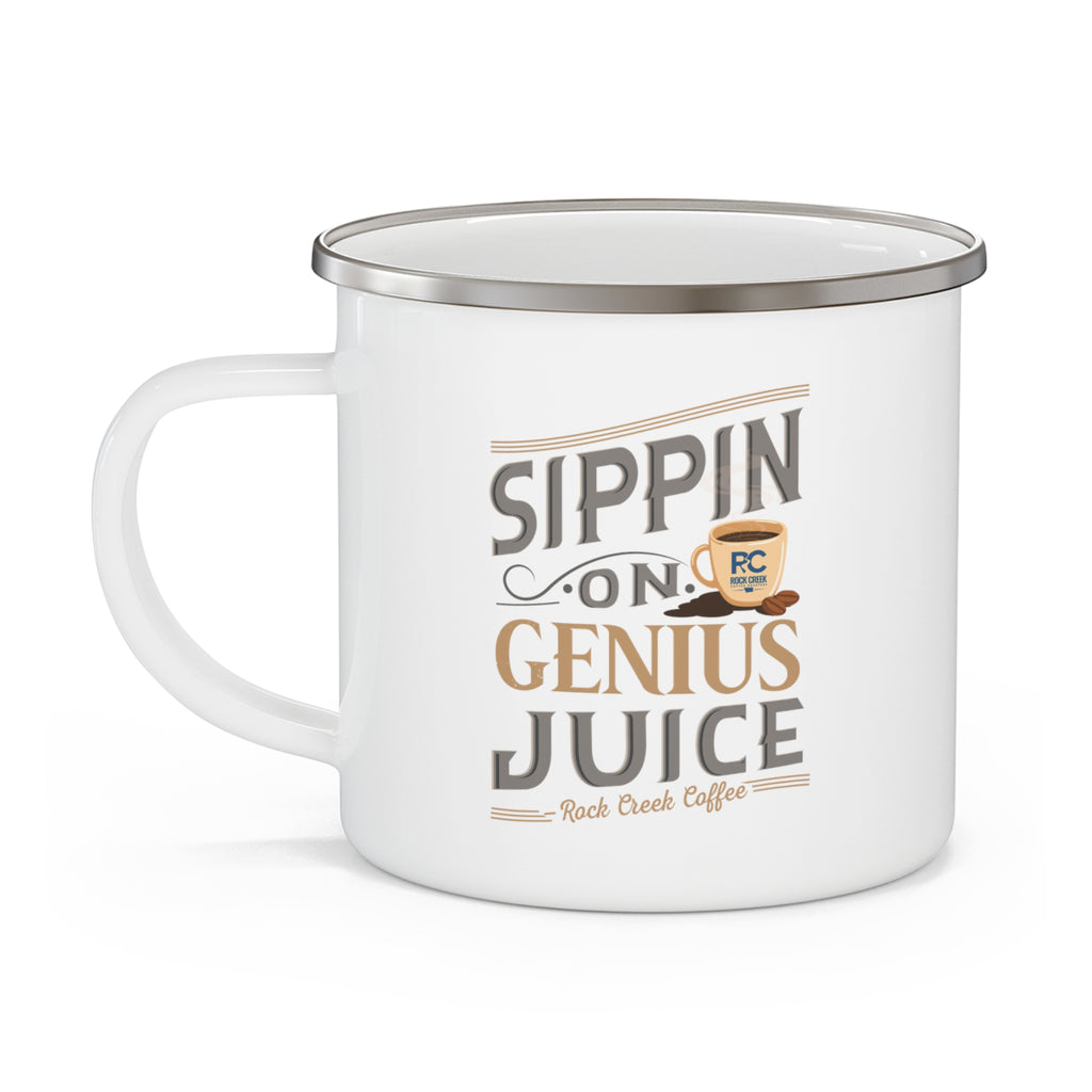 White enamel-style coffee mug with silver rim and side handle featuring the phrase “Sippin on Genius Juice – Rock Creek Coffee” in gray and tan lettering with a small coffee cup illustration, displayed against a white background.