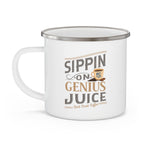 White enamel-style coffee mug with silver rim and side handle featuring the phrase “Sippin on Genius Juice – Rock Creek Coffee” in gray and tan lettering with a small coffee cup illustration, displayed against a white background.