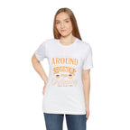 Female model wearing a white Rock Creek Coffee T-shirt featuring the “Around the Corner From Ordinary” graphic print