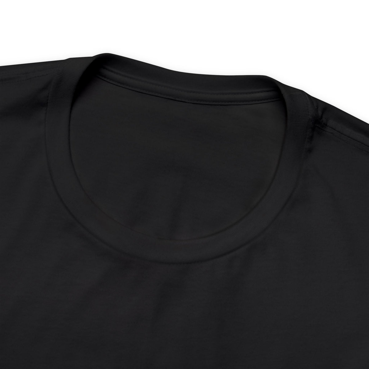 Close-up of a black Rock Creek Coffee T-shirt showing the back neckline and collar detail