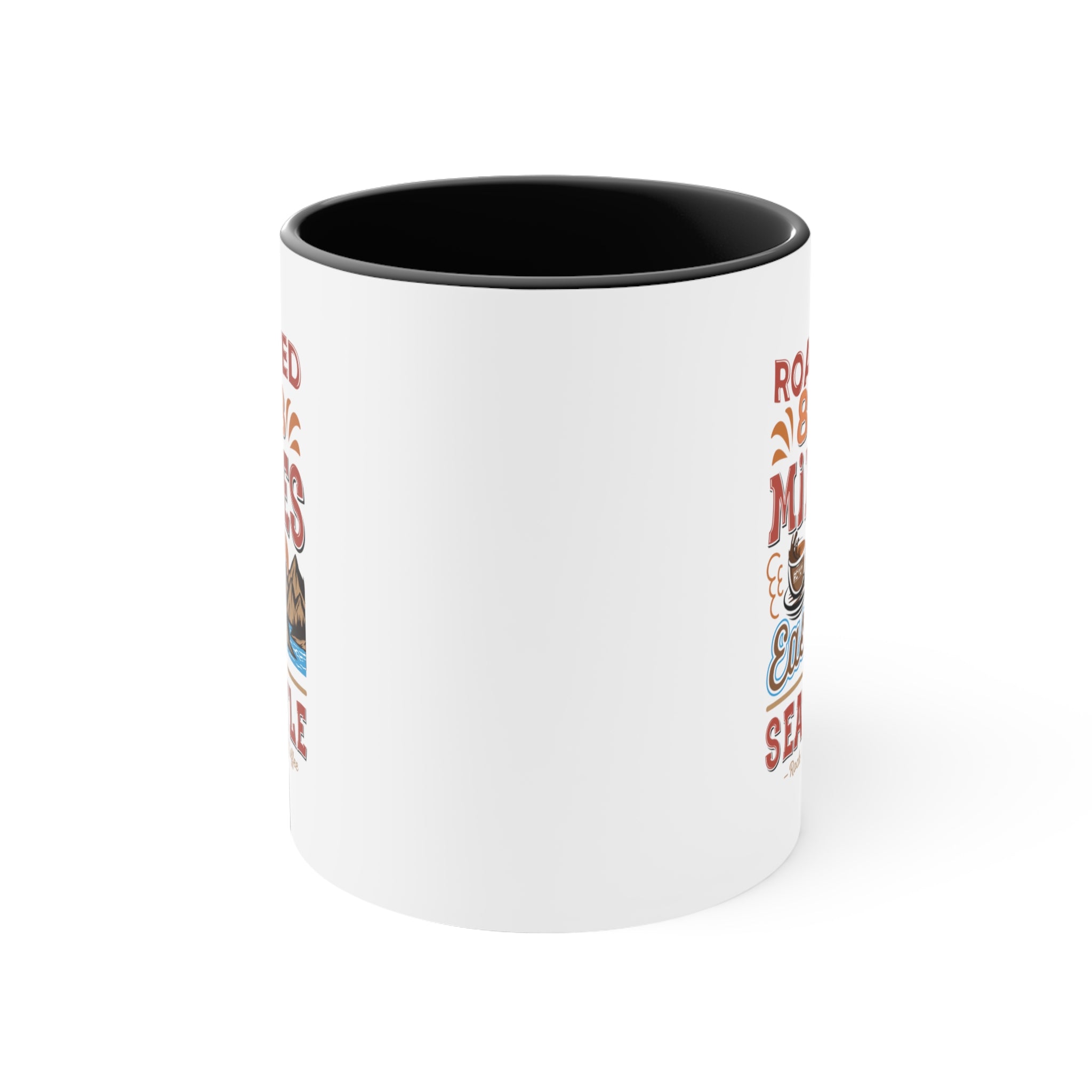 Back view of a white ceramic coffee mug with a black interior, showing partial edges of the Roasted 818 Miles East of Seattle Rock Creek Coffee design on both sides.
