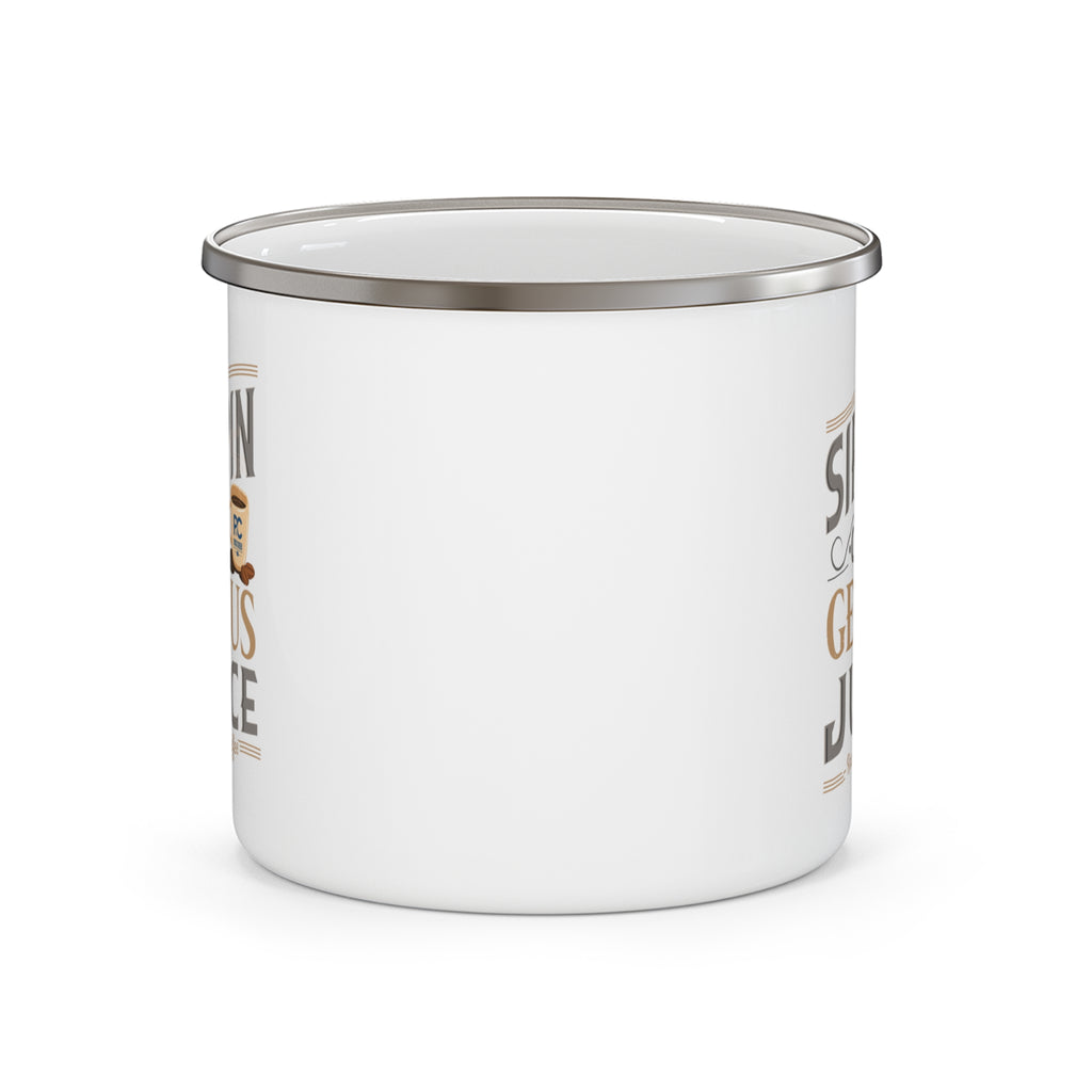 Back view of a white enamel-style coffee mug with silver rim, showing a blank side without printed design, displayed against a white background.