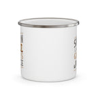 Back view of a white enamel-style coffee mug with silver rim, showing a blank side without printed design, displayed against a white background.