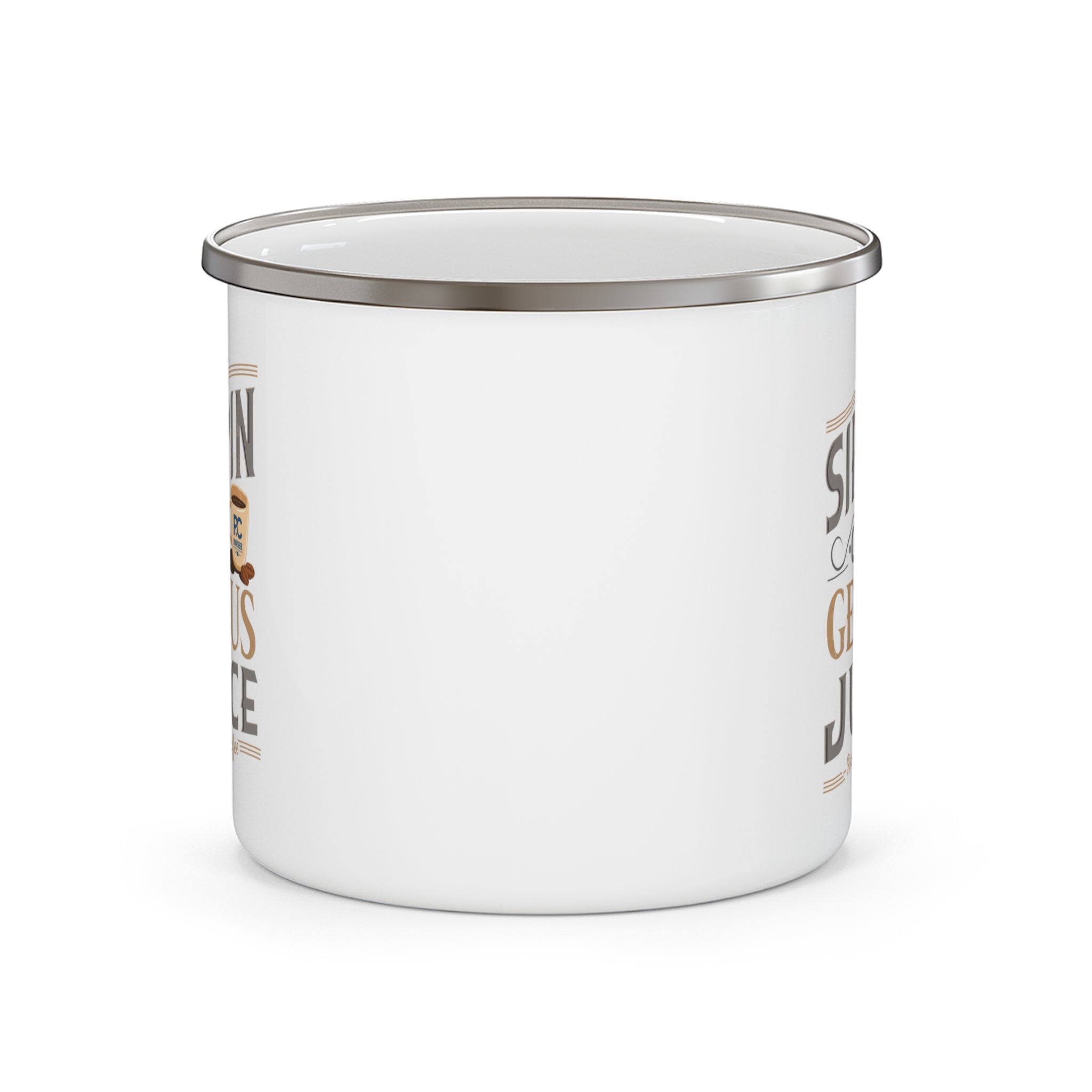 Back view of a white enamel-style coffee mug with silver rim, showing a blank side without printed design, displayed against a white background.