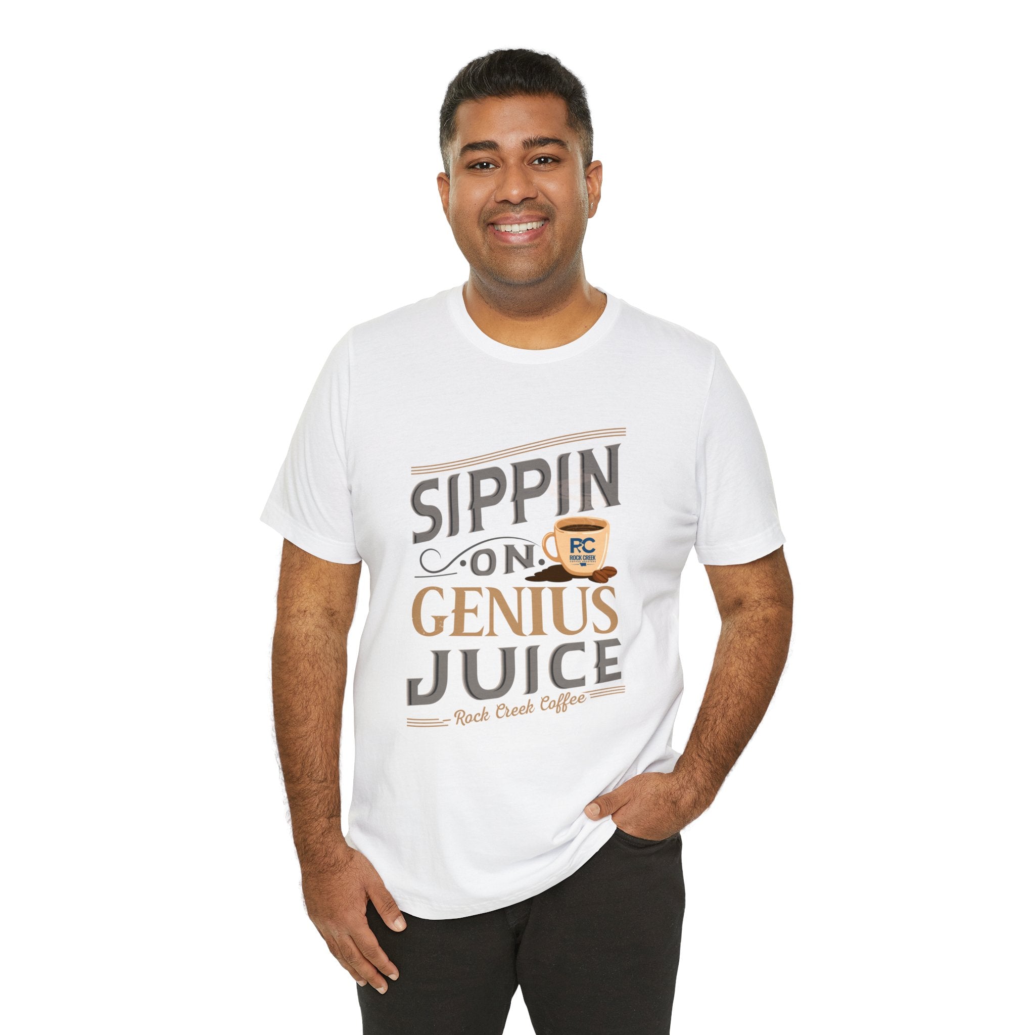 Men’s white coffee graphic T-shirt with “Sippin on Genius Juice” slogan, shown in a studio-style product image.