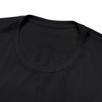 Close-up image of a black crew neck T-shirt showing the neckline and upper chest area, with the front graphic cropped out of view, displayed against a plain white background.