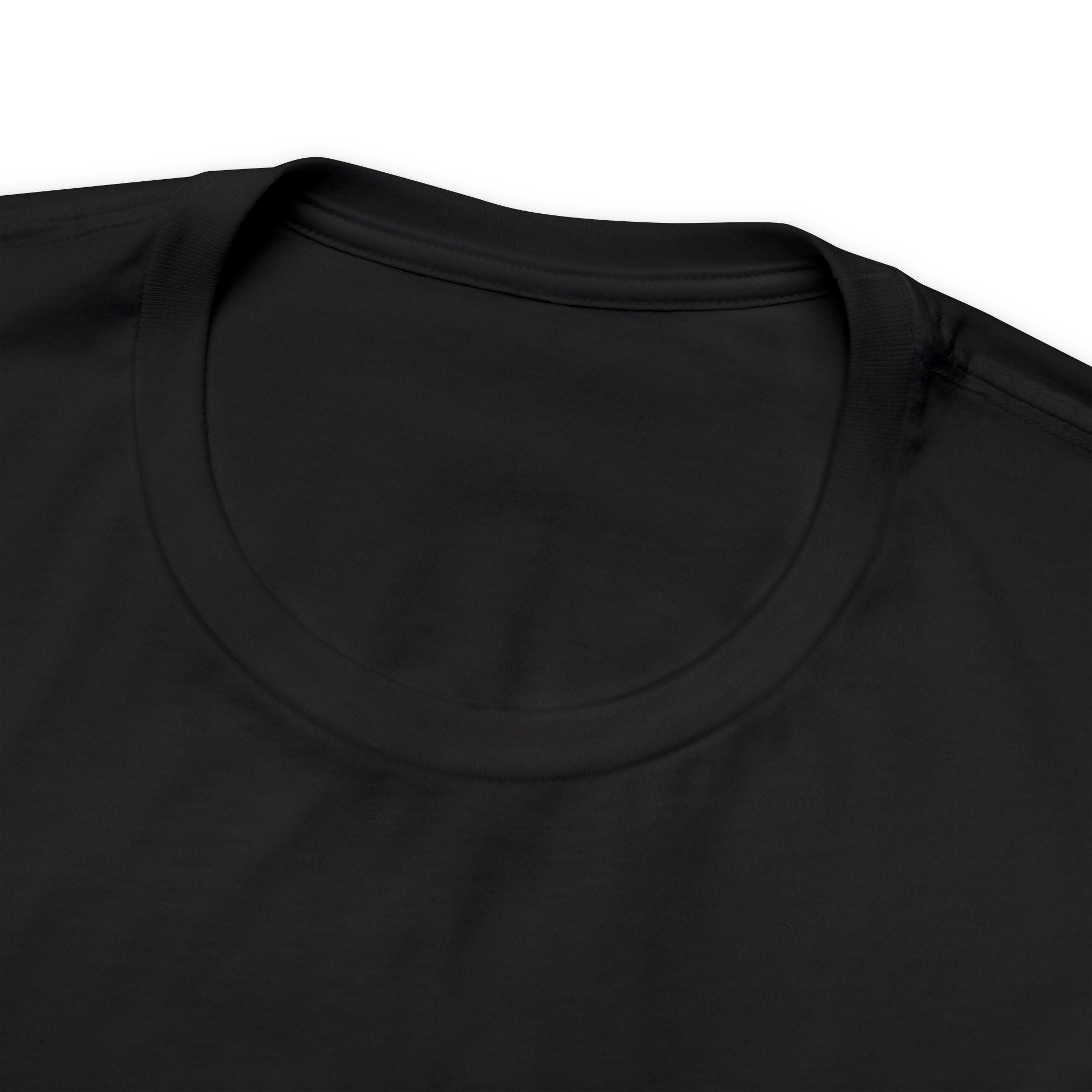 Close-up image of a black crew neck T-shirt showing the neckline and upper chest area, with the front graphic cropped out of view, displayed against a plain white background.