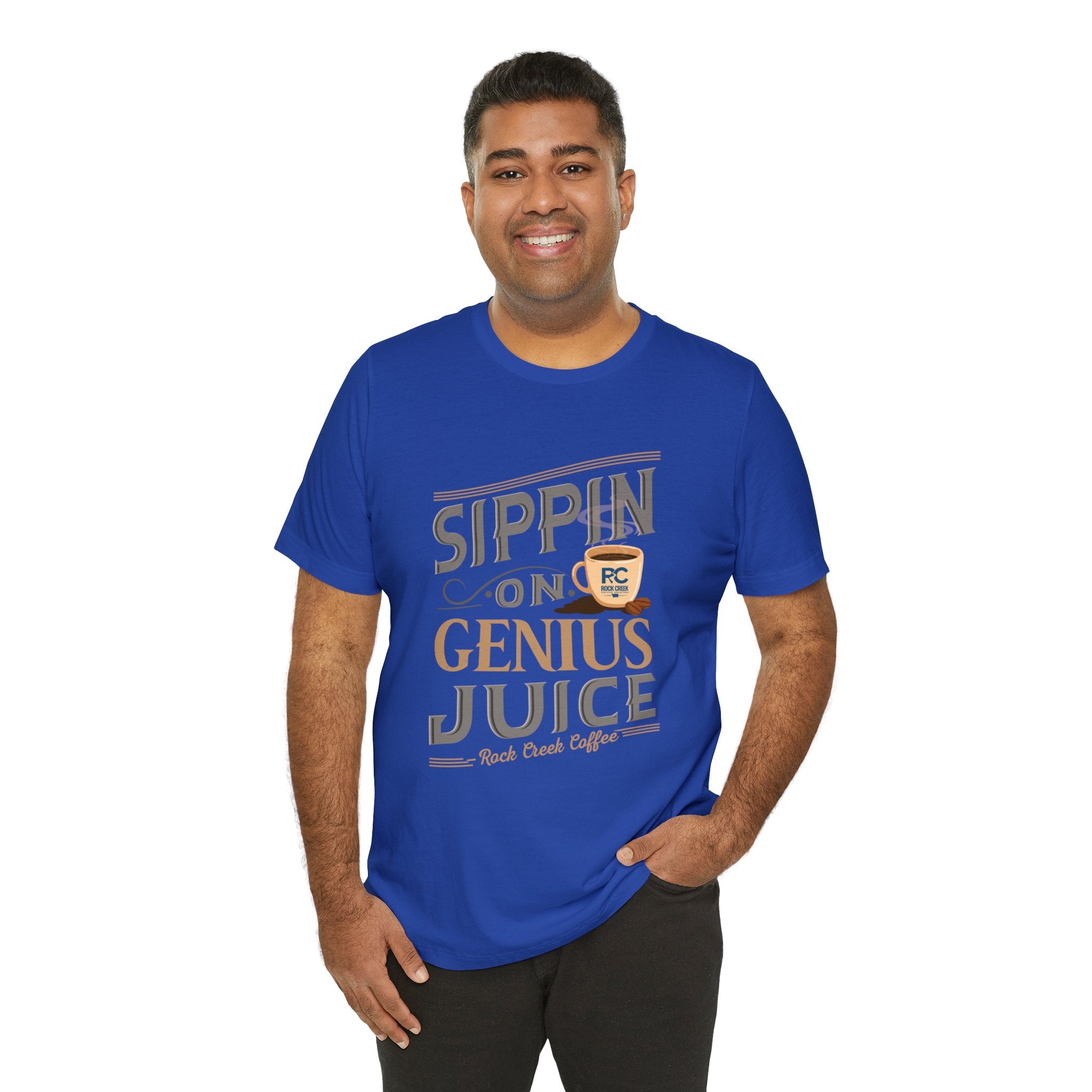 Men’s royal blue coffee graphic T-shirt with “Sippin on Genius Juice” slogan, modeled on a white studio background.