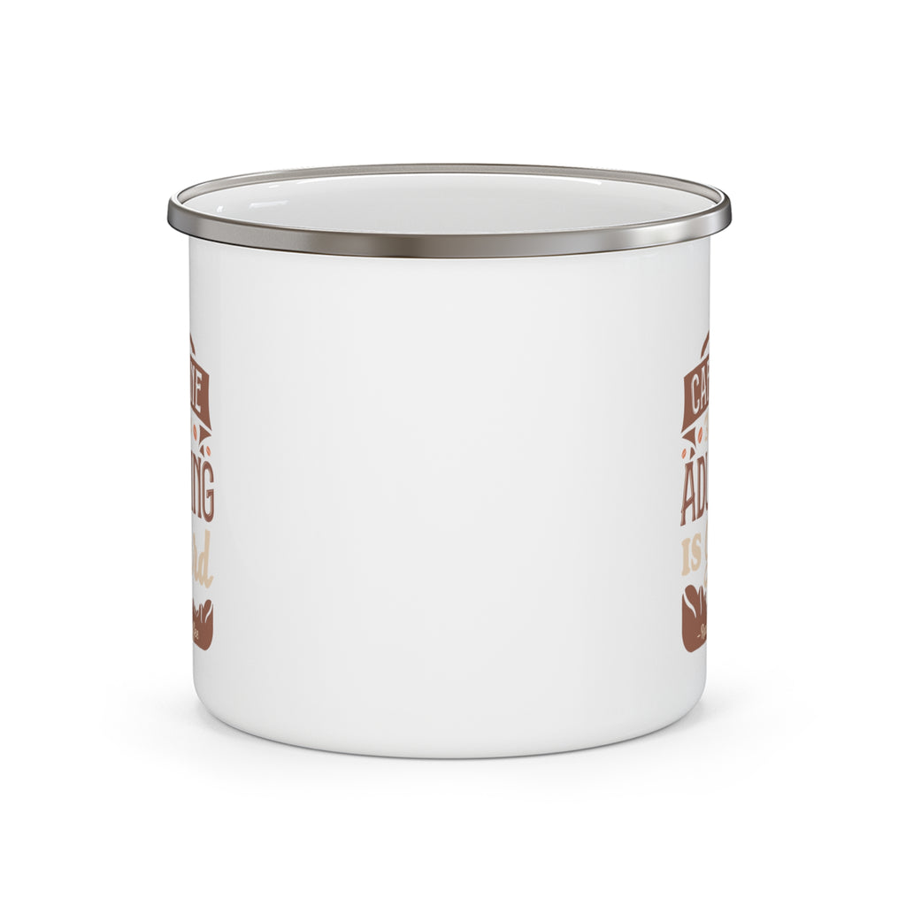 Back view of a white enamel-style coffee mug with a silver rim, showing a blank side without printed design, displayed against a white background.