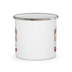 Back view of a white enamel-style coffee mug with a silver rim, showing a blank side without printed design, displayed against a white background.