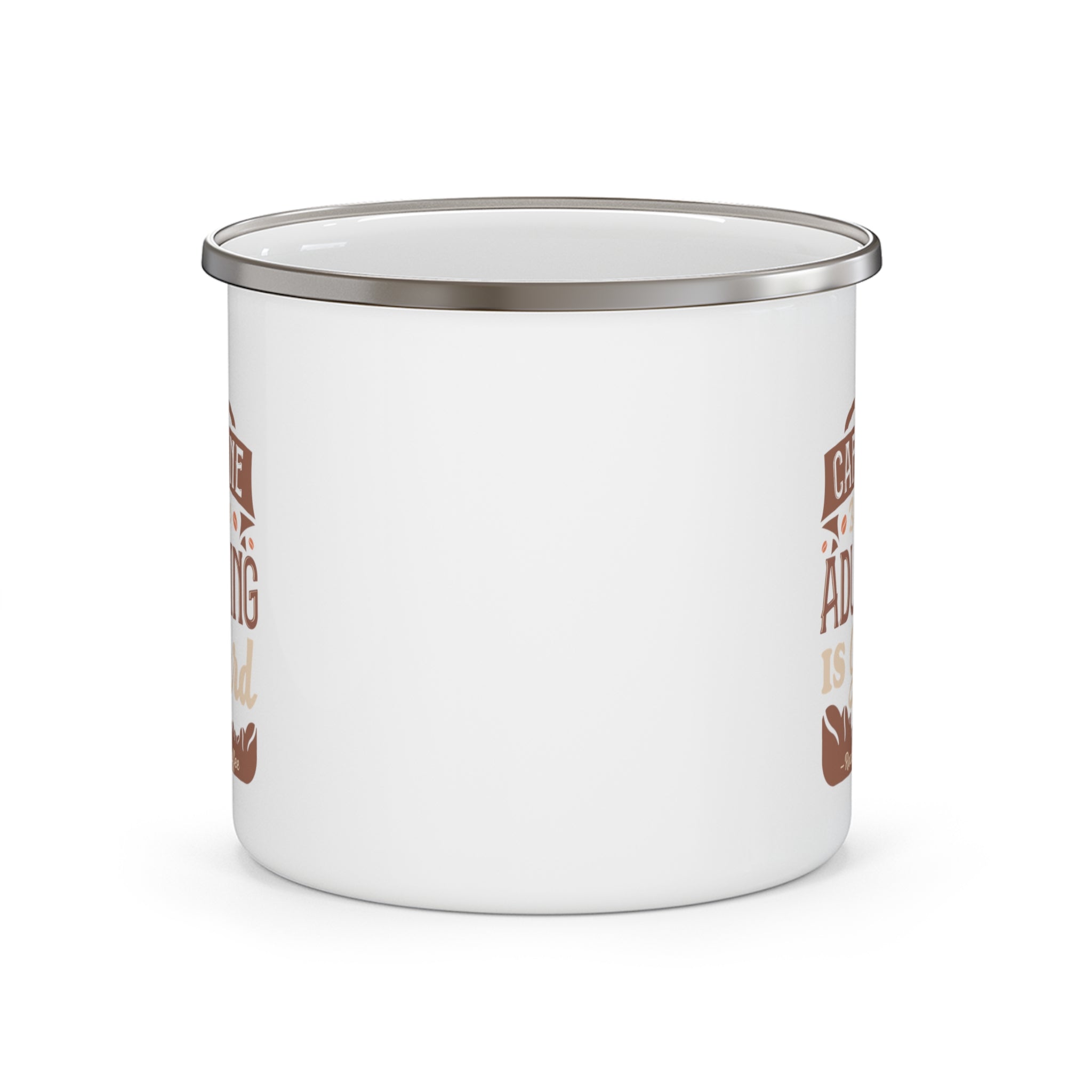 Back view of a white enamel-style coffee mug with a silver rim, showing a blank side without printed design, displayed against a white background.