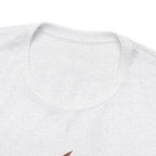 Close-up detail of an ash crew neck T-shirt showing the neckline, collar stitching, and upper chest area, with a small portion of the front graphic visible at the bottom edge against a plain white background.