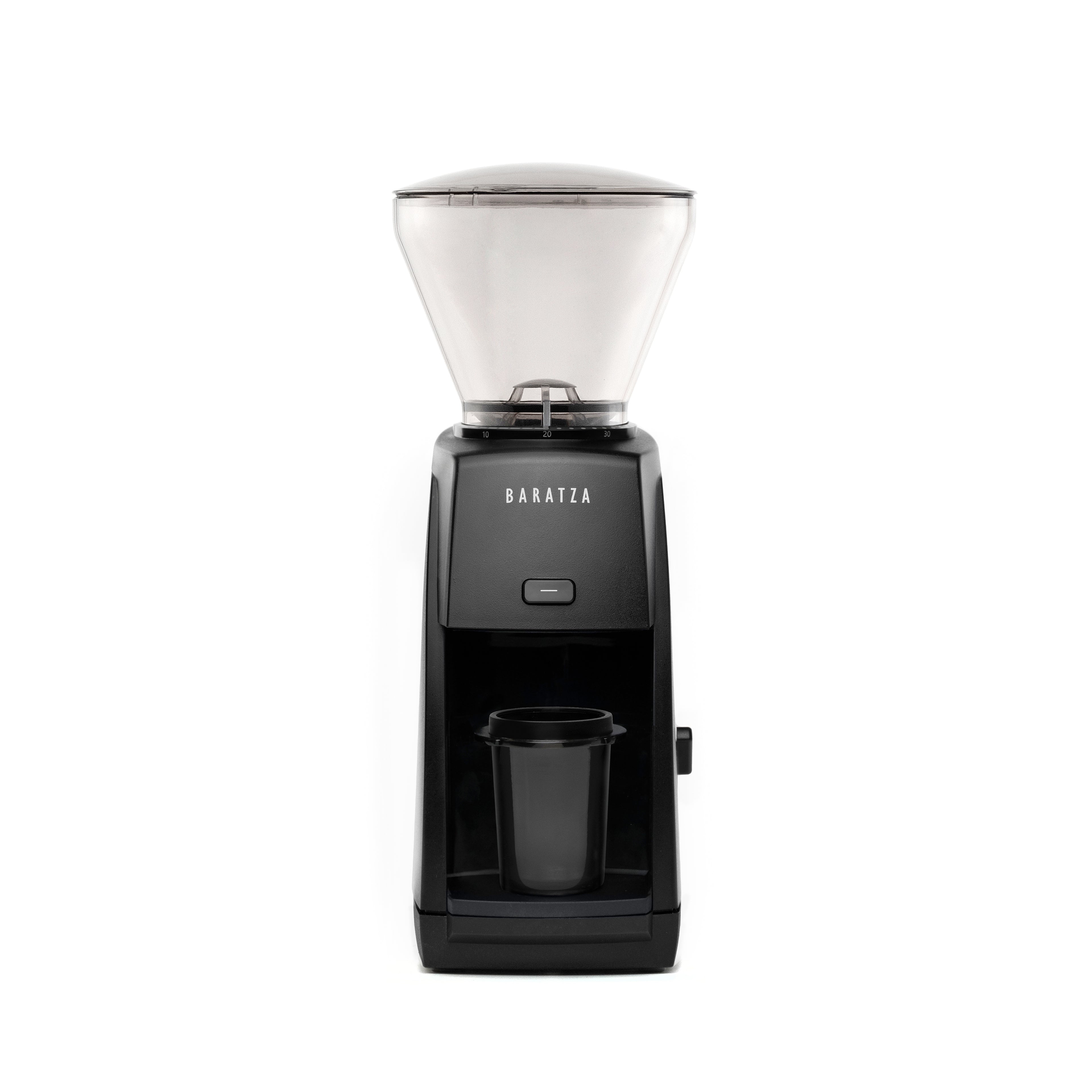 Front view of the black Baratza Encore ESP coffee grinder with a clear bean hopper and included dosing cup, displayed against a white background.