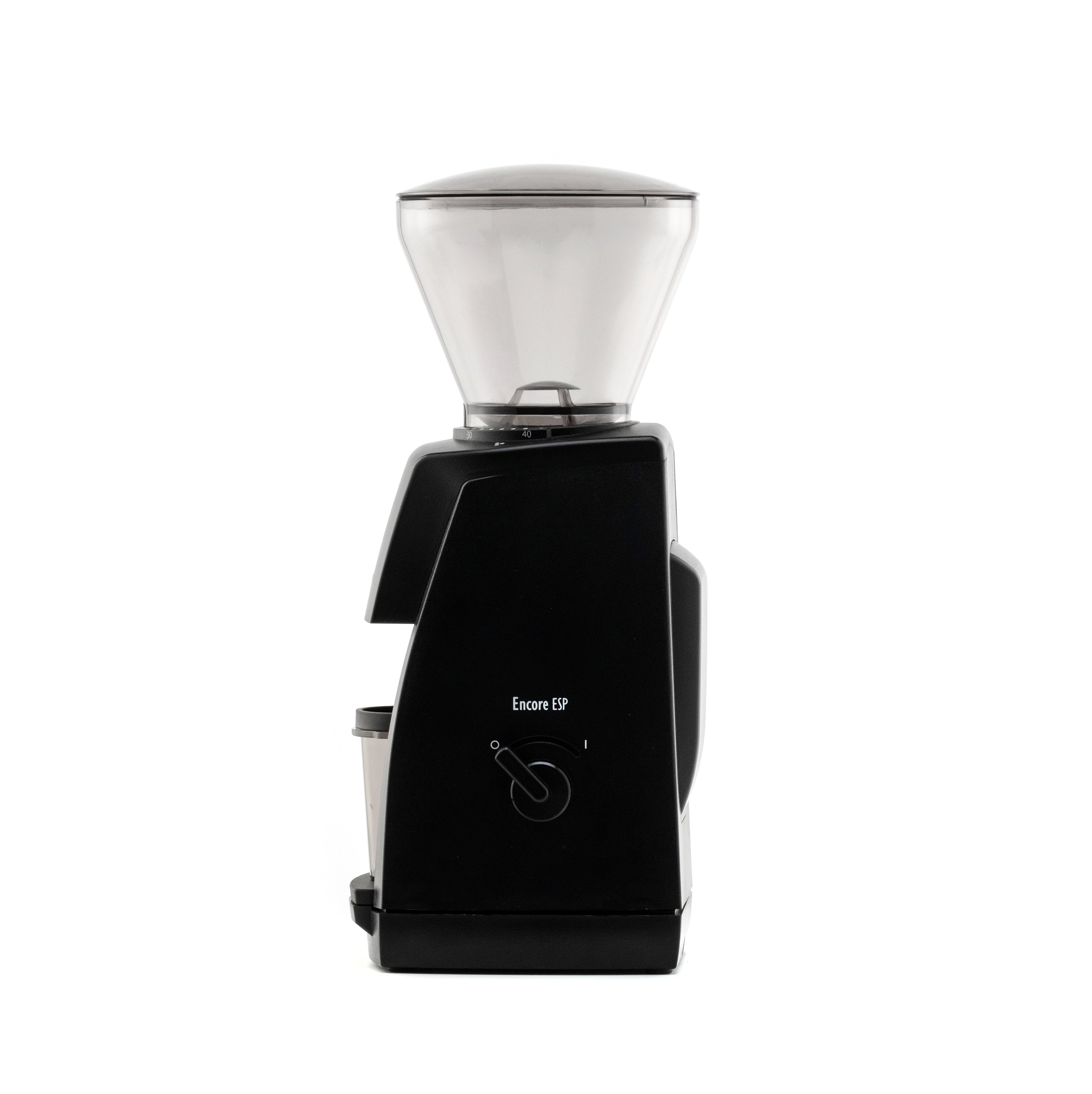 Side view of the black Baratza Encore ESP coffee grinder with a clear bean hopper and dosing cup, displayed against a white background.